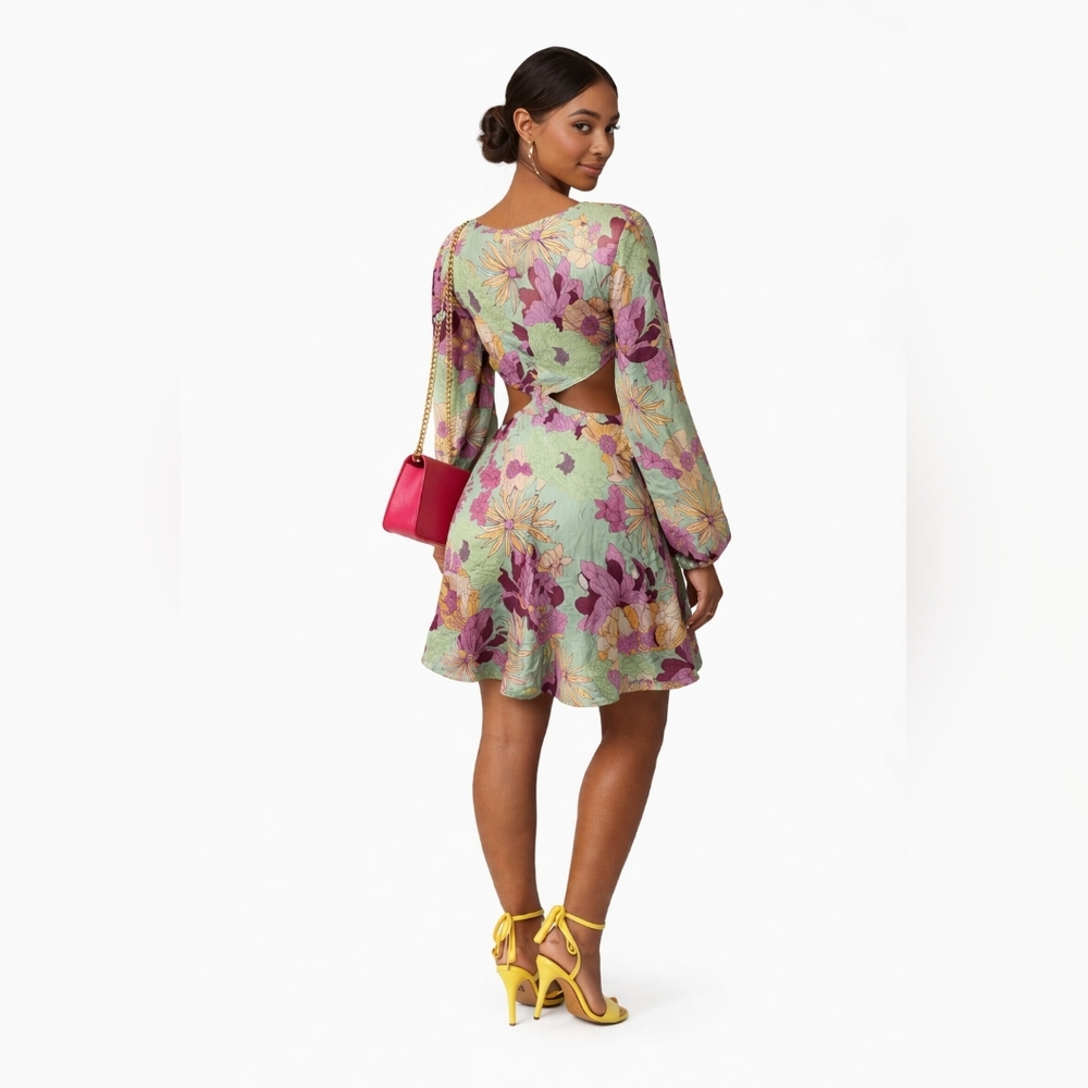 Floral Cutout V-Neck Mini Dress in Mint and Pastel - Picture 4 of 7